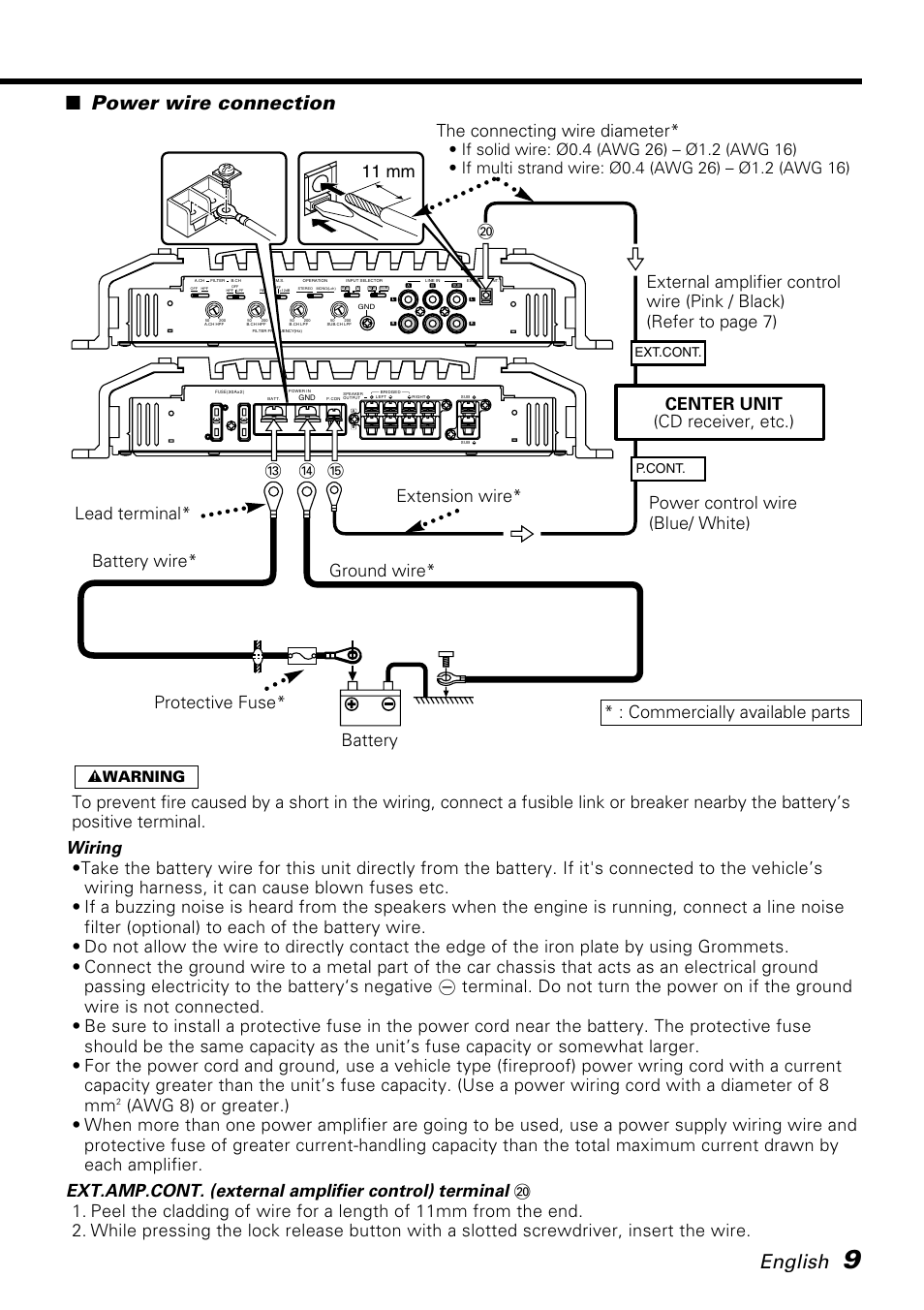 English, Power wire connection, 11 mm | 2 warning, P.cont, Ext.cont | Kenwood KAC-X650D User Manual | Page 9 / 44