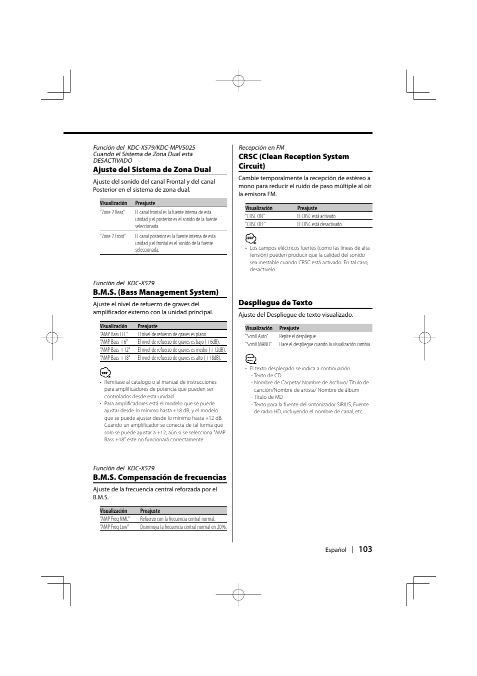 Ajuste del sistema de zona dual, B.m.s. (bass management system), B.m.s. compensación de frecuencias | Crsc (clean reception system circuit), Despliegue de texto | Kenwood KDC-MPV5025 User Manual | Page 103 / 116