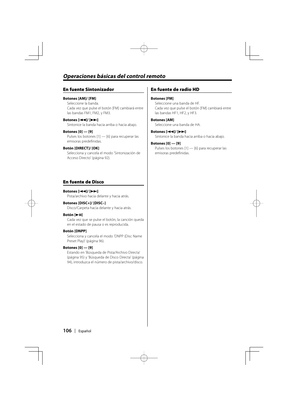 Operaciones básicas del control remoto | Kenwood KDC-MPV5025 User Manual | Page 106 / 116