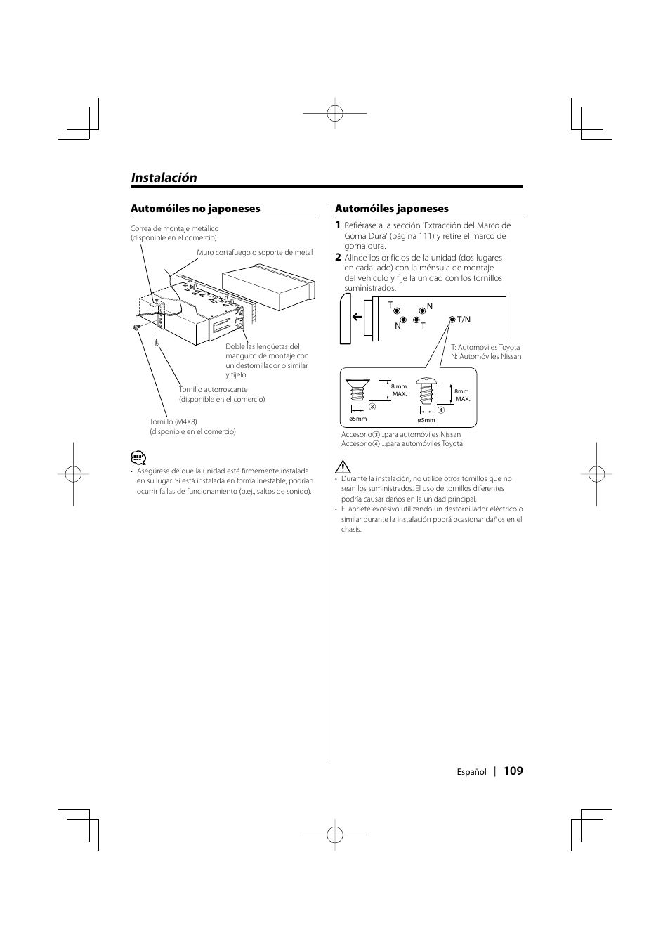 Instalacion, Instalación, Automóiles no japoneses automóiles japoneses 1 | Kenwood KDC-MPV5025 User Manual | Page 109 / 116