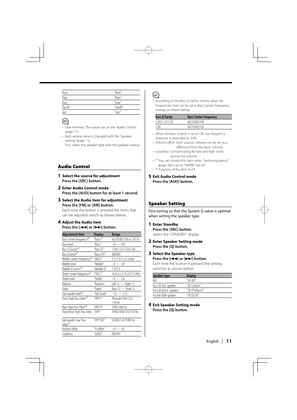 Audio control 1, Speaker setting | Kenwood KDC-MPV5025 User Manual | Page 11 / 116