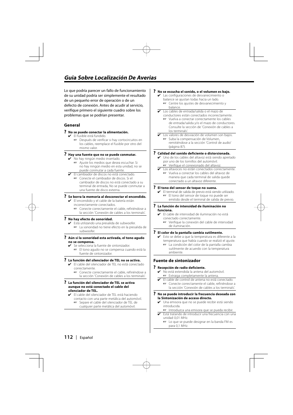 Guia sobre localizacion de averias, Guia sobre localización de averias | Kenwood KDC-MPV5025 User Manual | Page 112 / 116