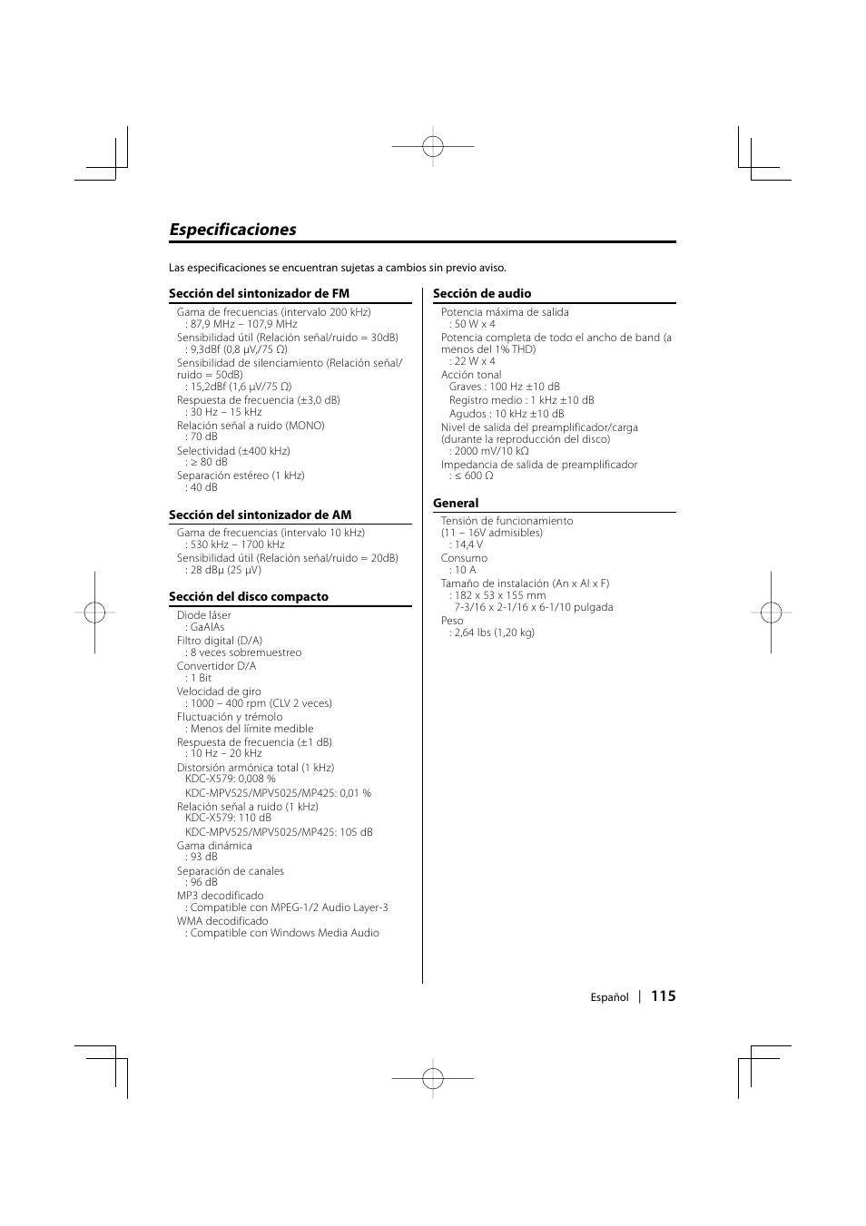 Especificaciones | Kenwood KDC-MPV5025 User Manual | Page 115 / 116