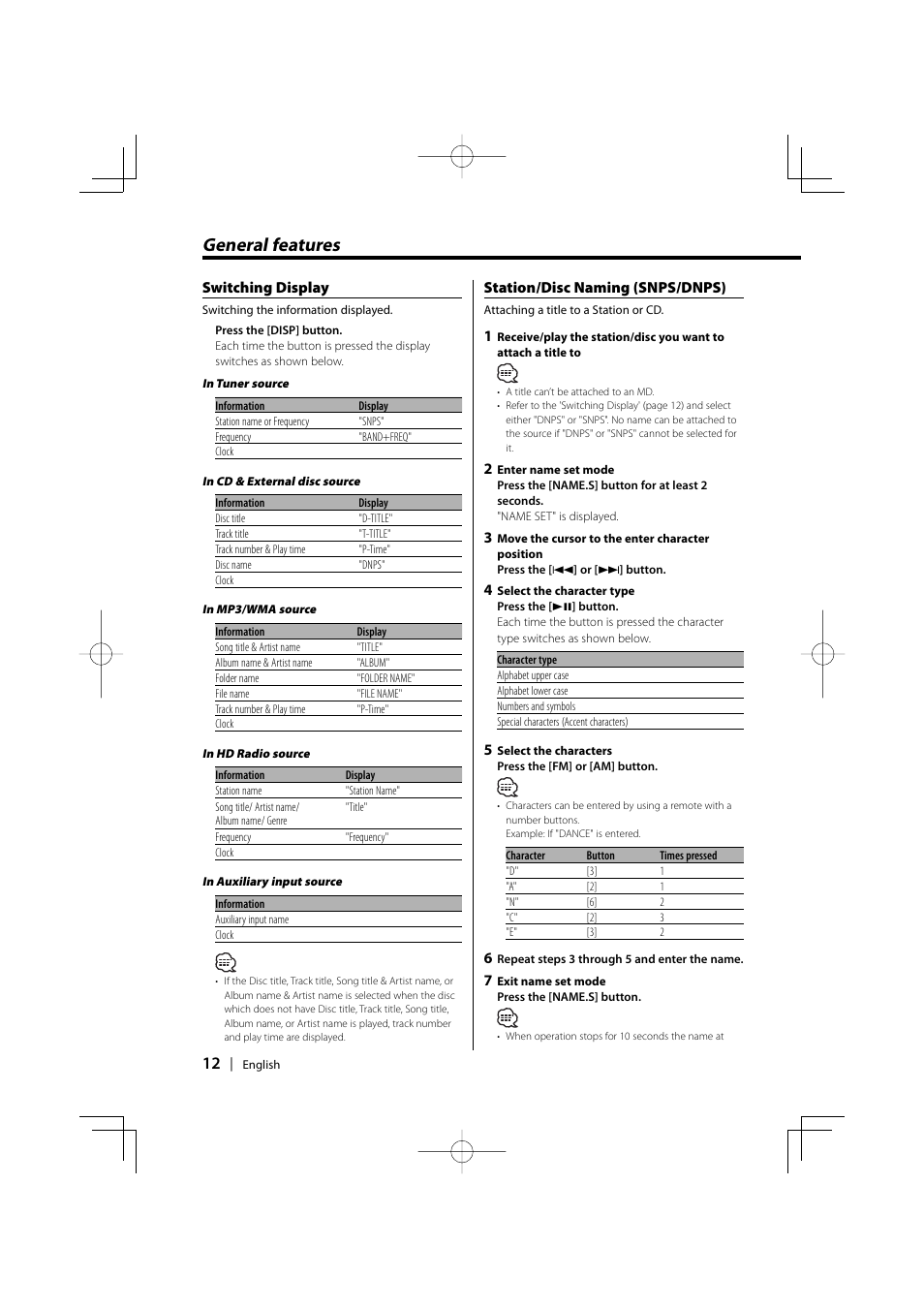 General features, Switching display, Station/disc naming (snps/dnps) | Kenwood KDC-MPV5025 User Manual | Page 12 / 116