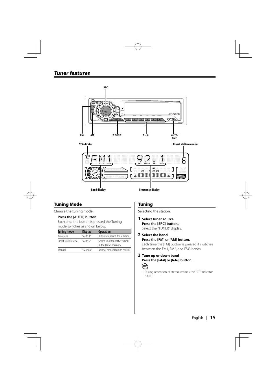 Tuner features, Tuning mode, Tuning | Kenwood KDC-MPV5025 User Manual | Page 15 / 116