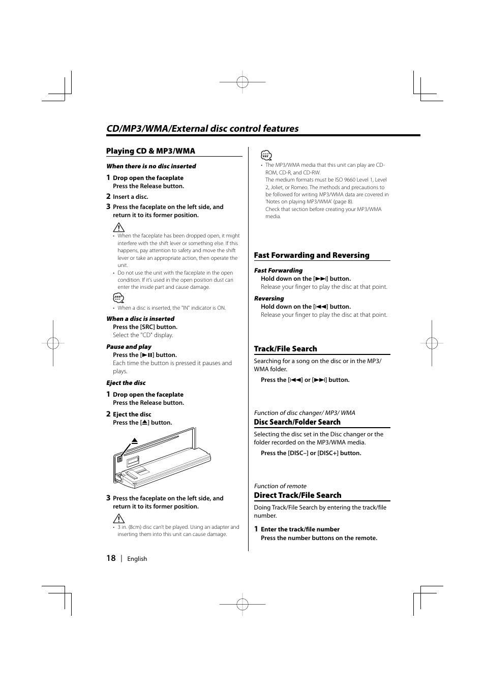Cd/mp3/wma/external disc control features | Kenwood KDC-MPV5025 User Manual | Page 18 / 116