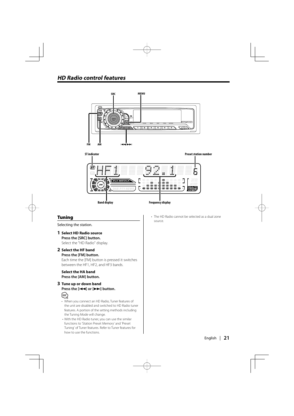 Hd radio control features, Tuning | Kenwood KDC-MPV5025 User Manual | Page 21 / 116