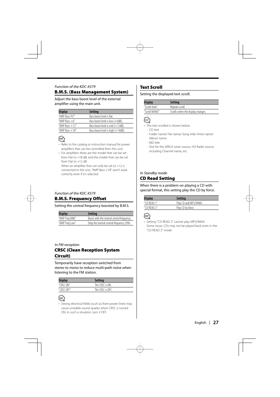 B.m.s. (bass management system), B.m.s. frequency offset, Crsc (clean reception system circuit) | Text scroll, Cd read setting | Kenwood KDC-MPV5025 User Manual | Page 27 / 116