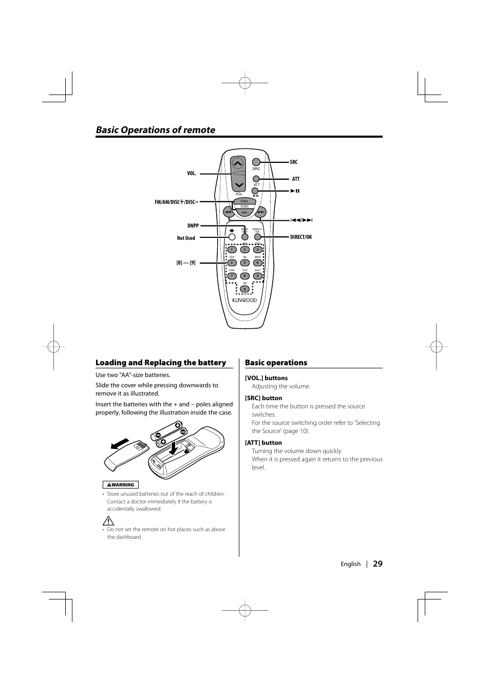 Basic operations of remote, Loading and replacing the battery, Basic operations | Kenwood KDC-MPV5025 User Manual | Page 29 / 116