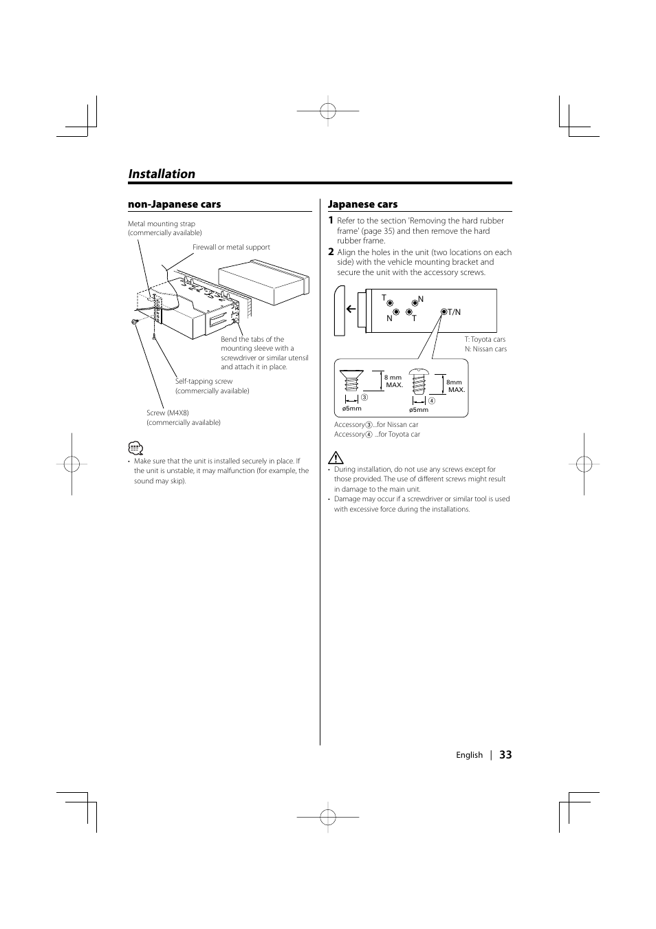 Installation, Non-japanese cars japanese cars 1 | Kenwood KDC-MPV5025 User Manual | Page 33 / 116