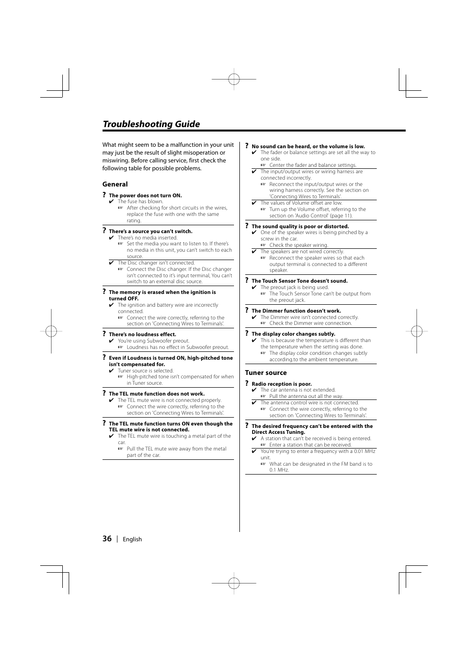 Troubleshooting guide | Kenwood KDC-MPV5025 User Manual | Page 36 / 116