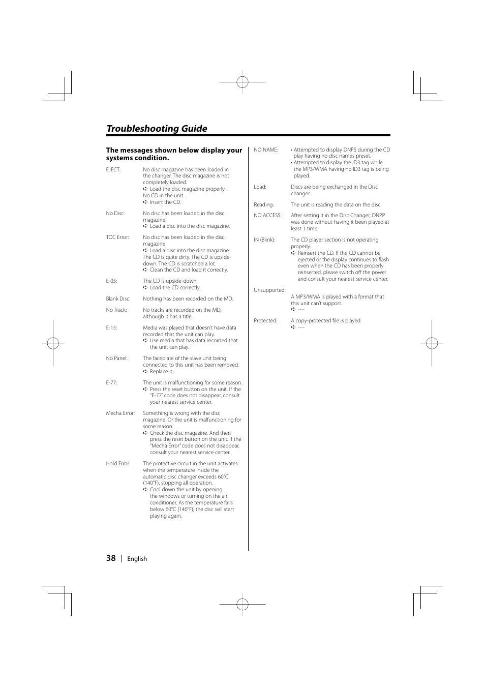 Troubleshooting guide | Kenwood KDC-MPV5025 User Manual | Page 38 / 116