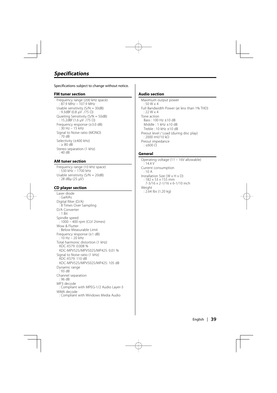 Specifications | Kenwood KDC-MPV5025 User Manual | Page 39 / 116