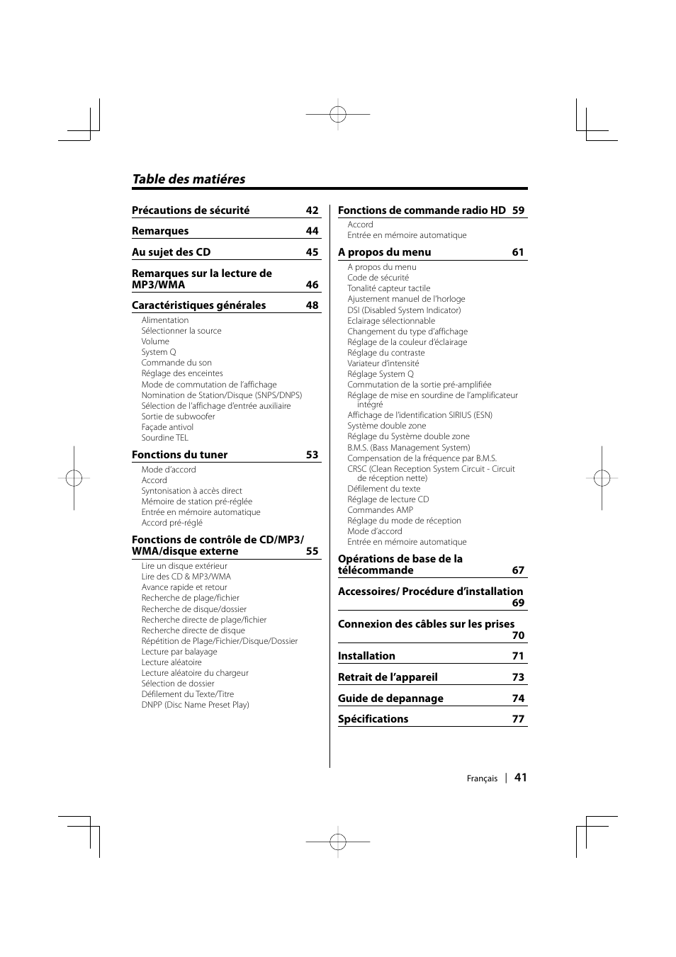 Francais, Table des matieres, Table des matiéres | Kenwood KDC-MPV5025 User Manual | Page 41 / 116