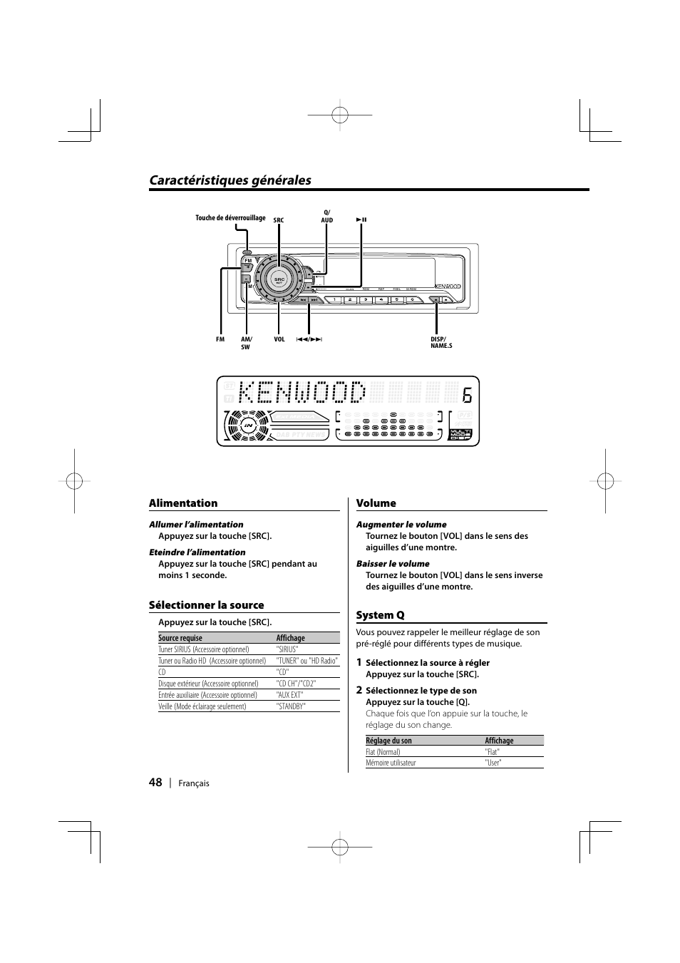 Caracteristiques generales, Caractéristiques générales, System q | Volume, Sélectionner la source, Alimentation | Kenwood KDC-MPV5025 User Manual | Page 48 / 116