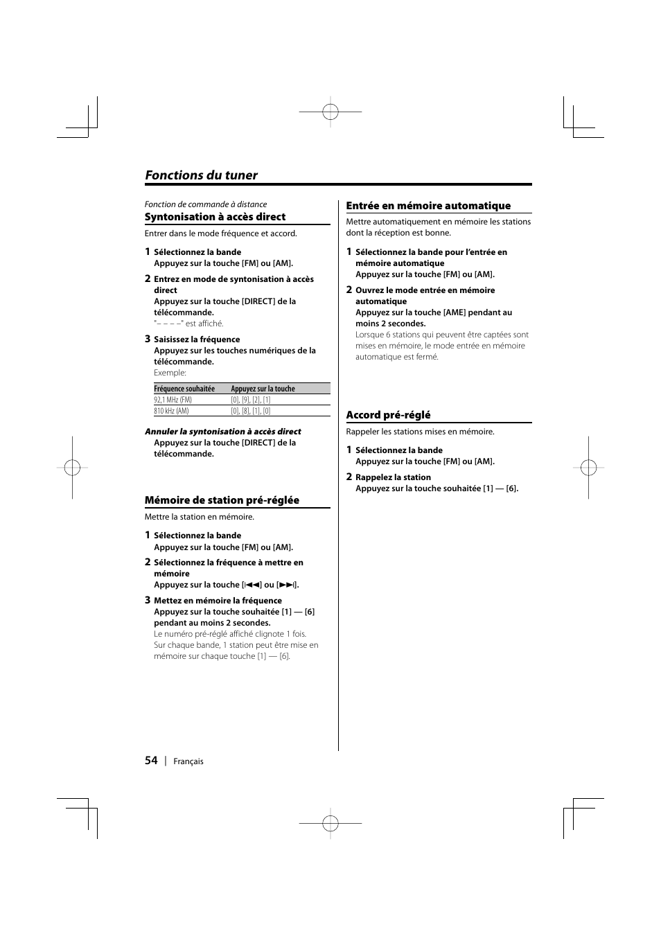 Fonctions du tuner | Kenwood KDC-MPV5025 User Manual | Page 54 / 116