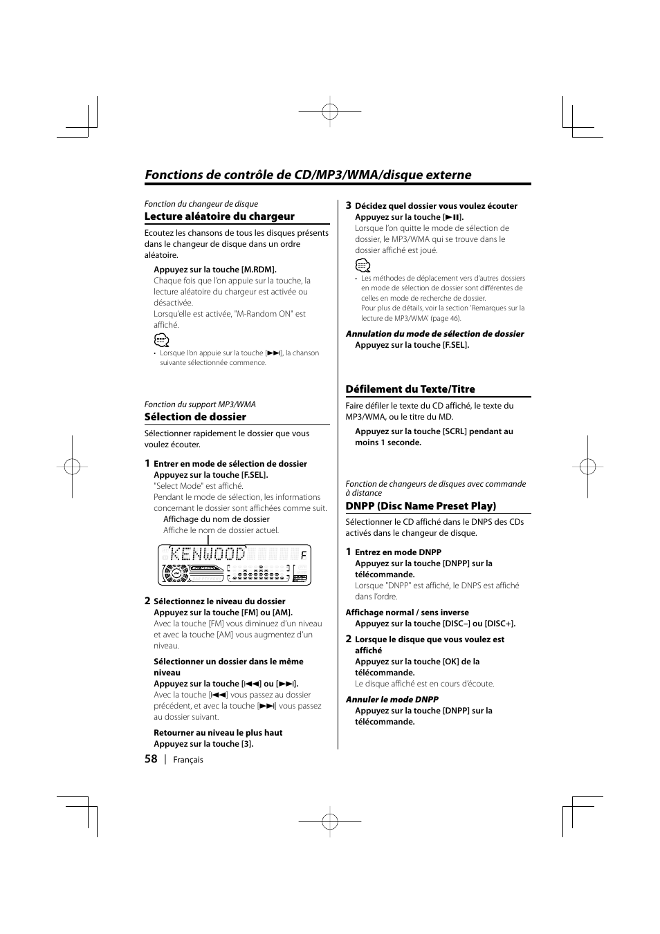 Fonctions de contrôle de cd/mp3/wma/disque externe | Kenwood KDC-MPV5025 User Manual | Page 58 / 116