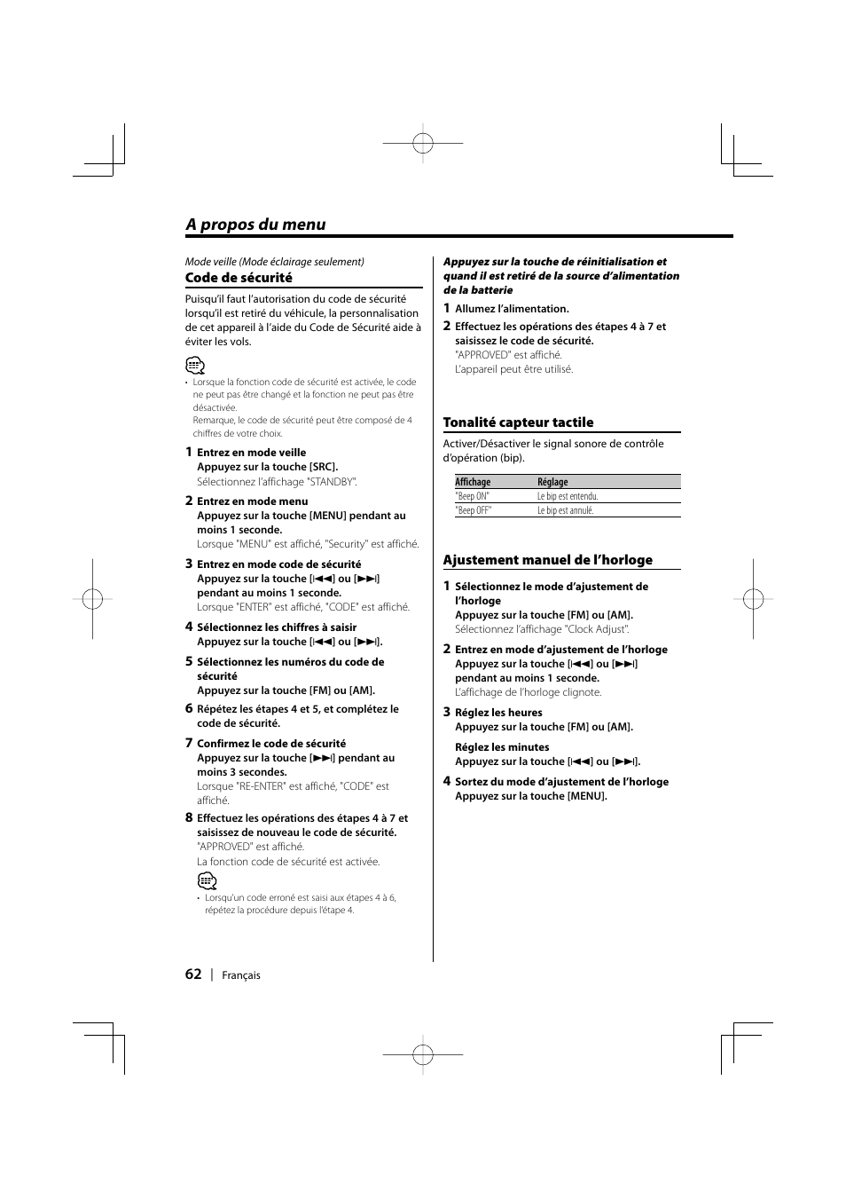 A propos du menu | Kenwood KDC-MPV5025 User Manual | Page 62 / 116