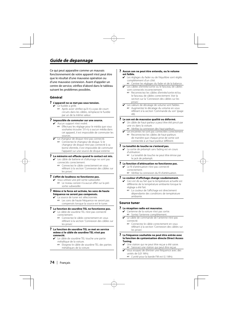 Guide de depannage | Kenwood KDC-MPV5025 User Manual | Page 74 / 116