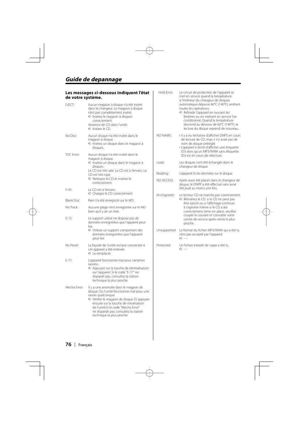 Guide de depannage | Kenwood KDC-MPV5025 User Manual | Page 76 / 116