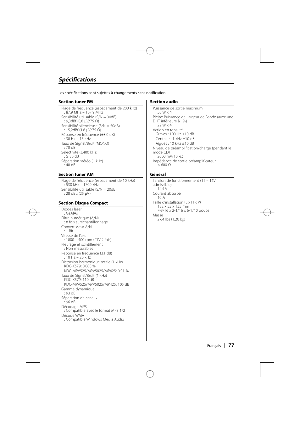 Specifications, Spécifications | Kenwood KDC-MPV5025 User Manual | Page 77 / 116