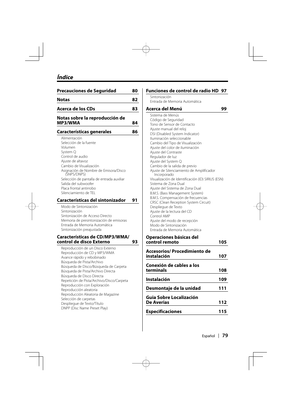 Espanol, Indice, Índice | Kenwood KDC-MPV5025 User Manual | Page 79 / 116