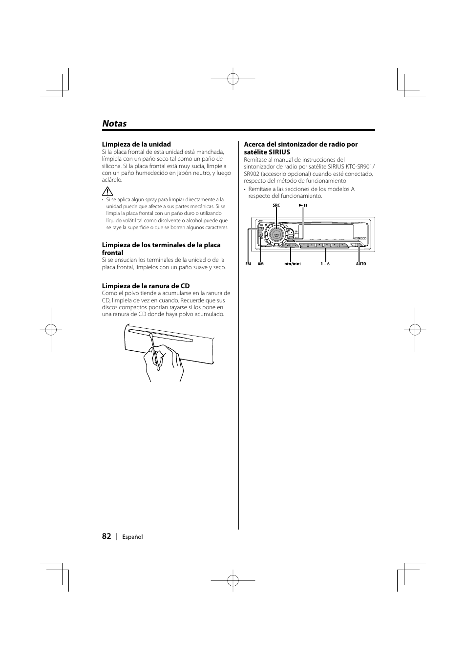 Notas, Limpieza de la unidad, Limpieza de los terminales de la placa frontal | Limpieza de la ranura de cd | Kenwood KDC-MPV5025 User Manual | Page 82 / 116