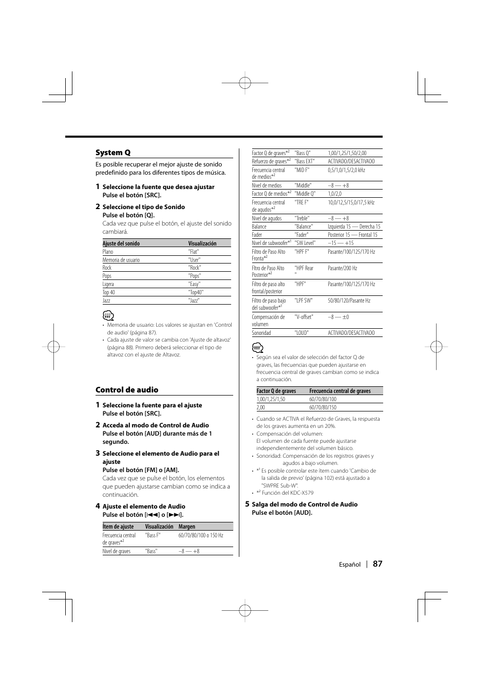 System q, Control de audio 1 | Kenwood KDC-MPV5025 User Manual | Page 87 / 116