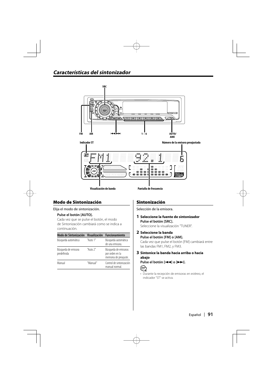 Caracteristicas del sintonizador, Características del sintonizador, Modo de sintonización | Sintonización | Kenwood KDC-MPV5025 User Manual | Page 91 / 116