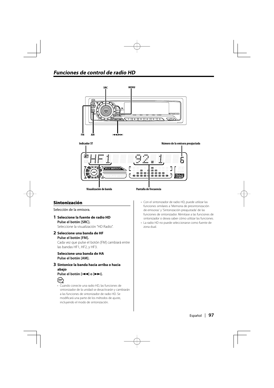 Funciones de control de radio hd, Sintonización | Kenwood KDC-MPV5025 User Manual | Page 97 / 116