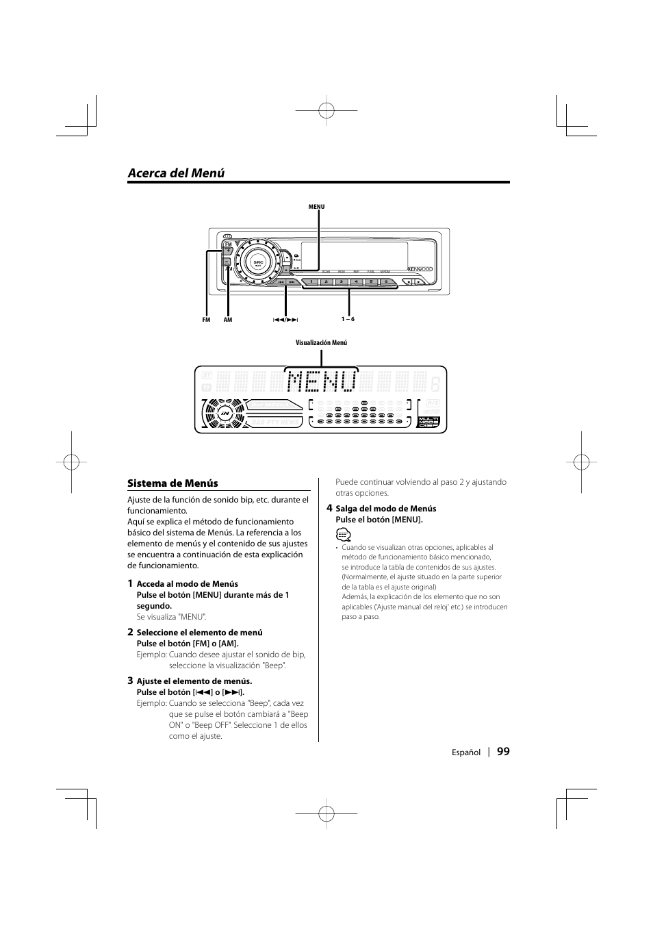 Acerca del menu, Acerca del menú, Sistema de menús | Kenwood KDC-MPV5025 User Manual | Page 99 / 116