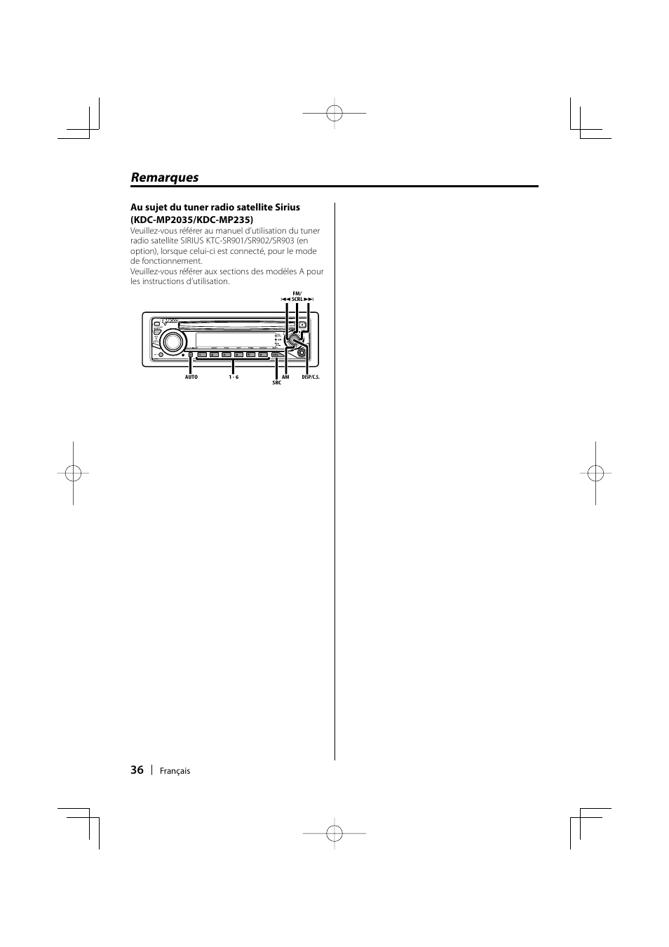 Remarques | Kenwood KDC-MP235 User Manual | Page 36 / 96