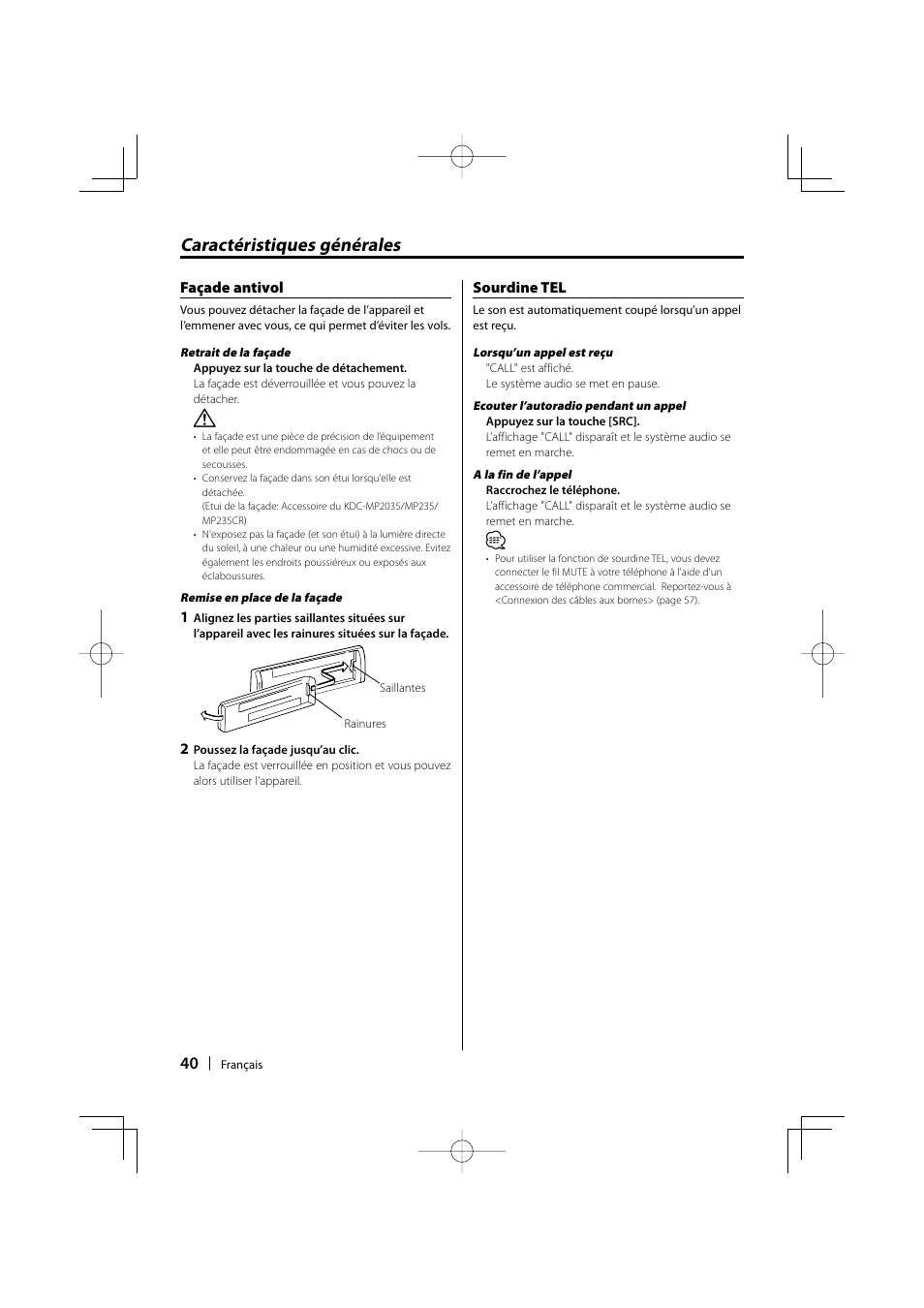 Caractéristiques générales | Kenwood KDC-MP235 User Manual | Page 40 / 96