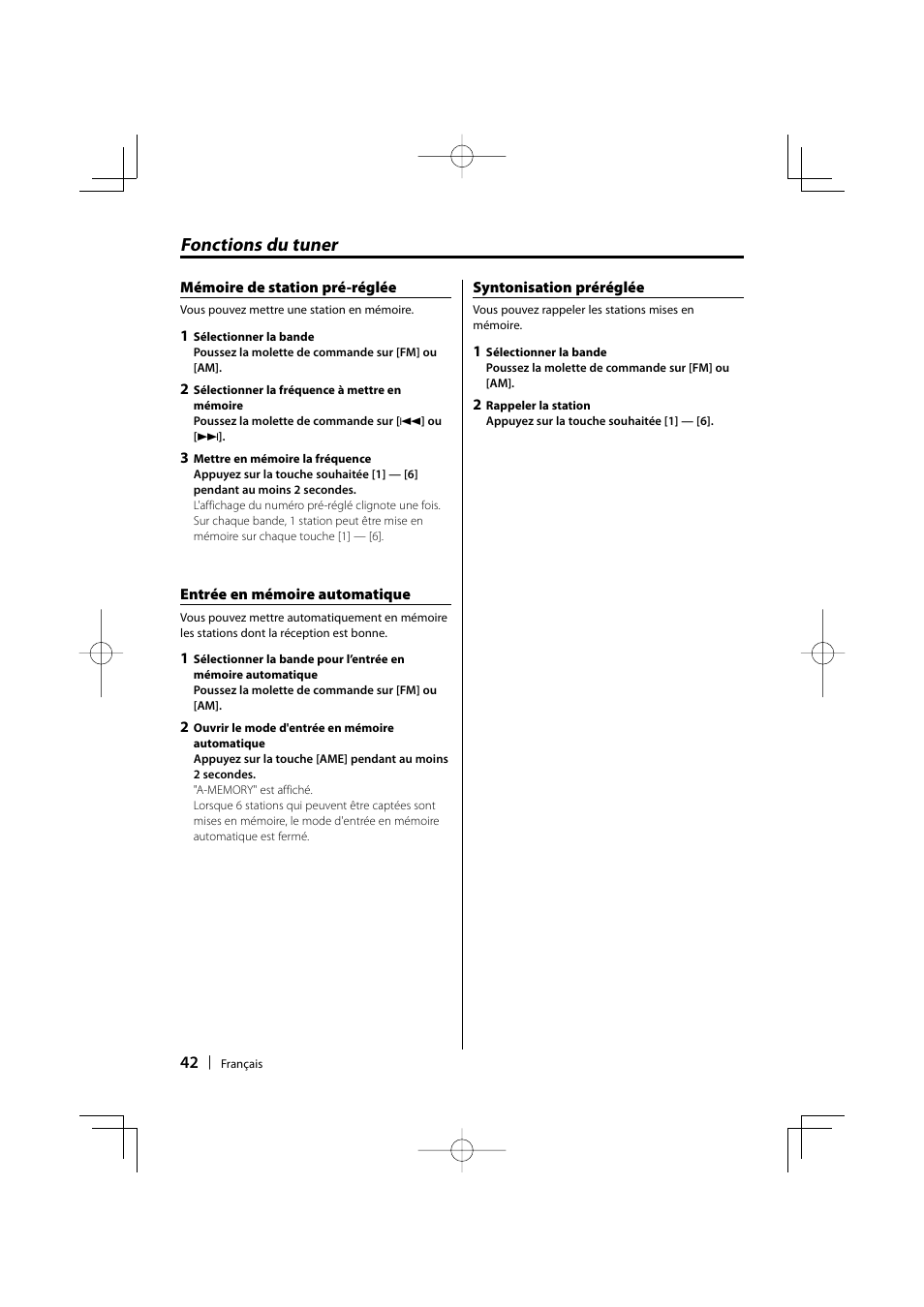 Fonctions du tuner | Kenwood KDC-MP235 User Manual | Page 42 / 96