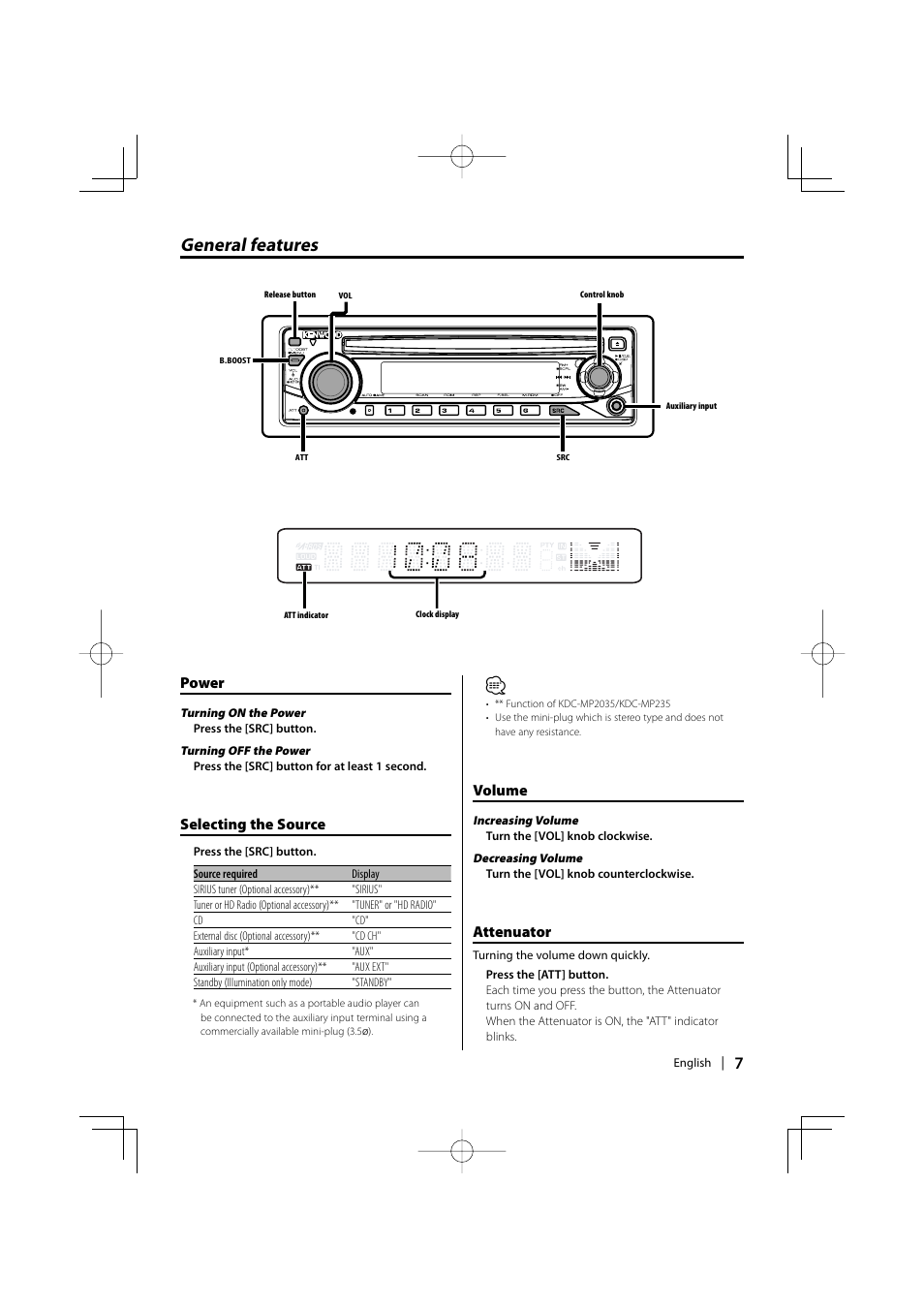 General features, Power, Selecting the source | Volume, Attenuator | Kenwood KDC-MP235 User Manual | Page 7 / 96