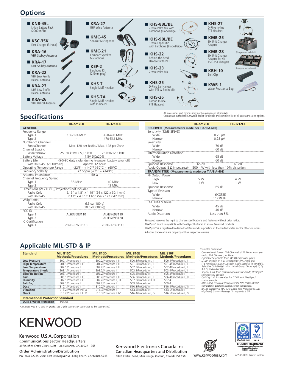 Options specifications, Applicable mil-std & ip, Knb-45l | Ksc-35k, Kra-16, Kra-17, Kra-22, Kra-23, Kra-26, Kra-27 | Kenwood TK-3212LK User Manual | Page 2 / 2