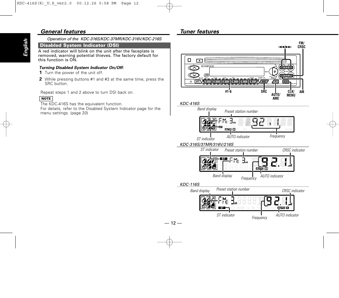 Disabled system indicator (dsi), Tuner features, General features | Kenwood KDC-416S User Manual | Page 12 / 33