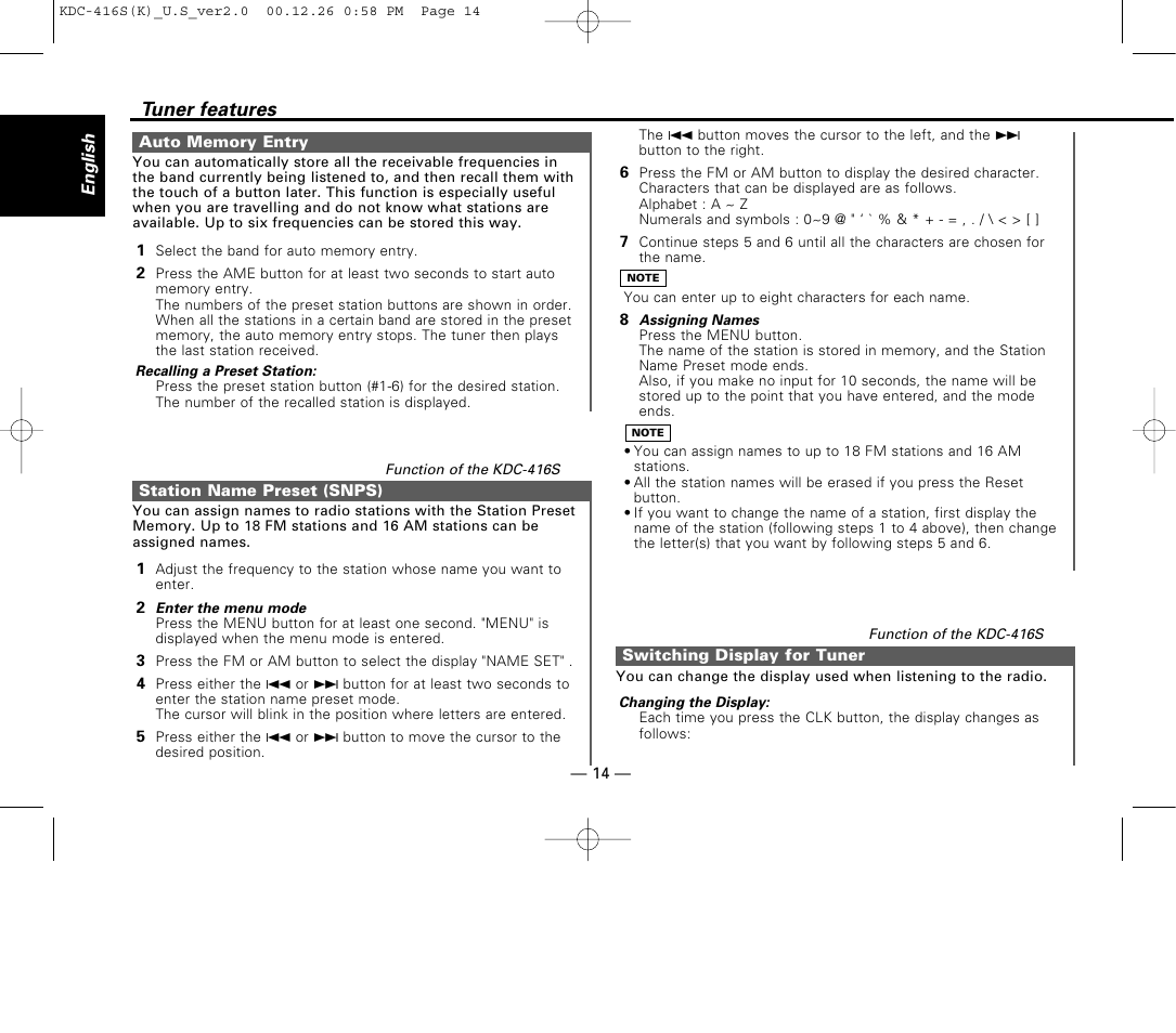 Auto memory entry, Station name preset (snps), Switching display for tuner | Tuner features | Kenwood KDC-416S User Manual | Page 14 / 33