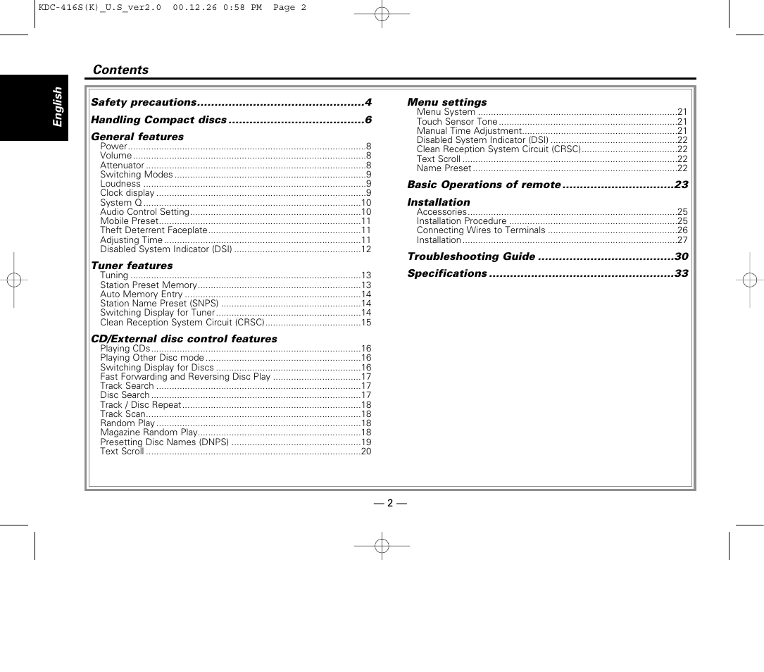 Kenwood KDC-416S User Manual | Page 2 / 33