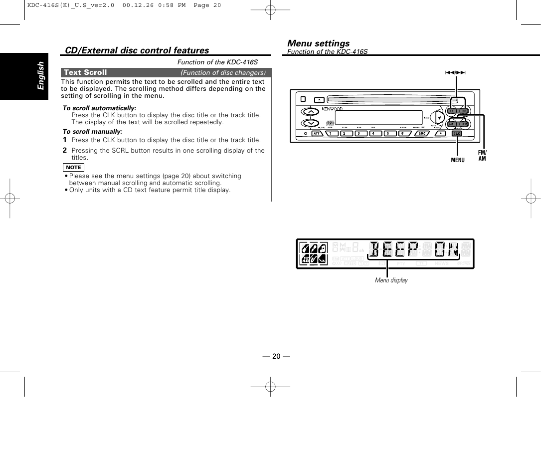 Text scroll, Menu settings, Cd/external disc control features | Kenwood KDC-416S User Manual | Page 20 / 33