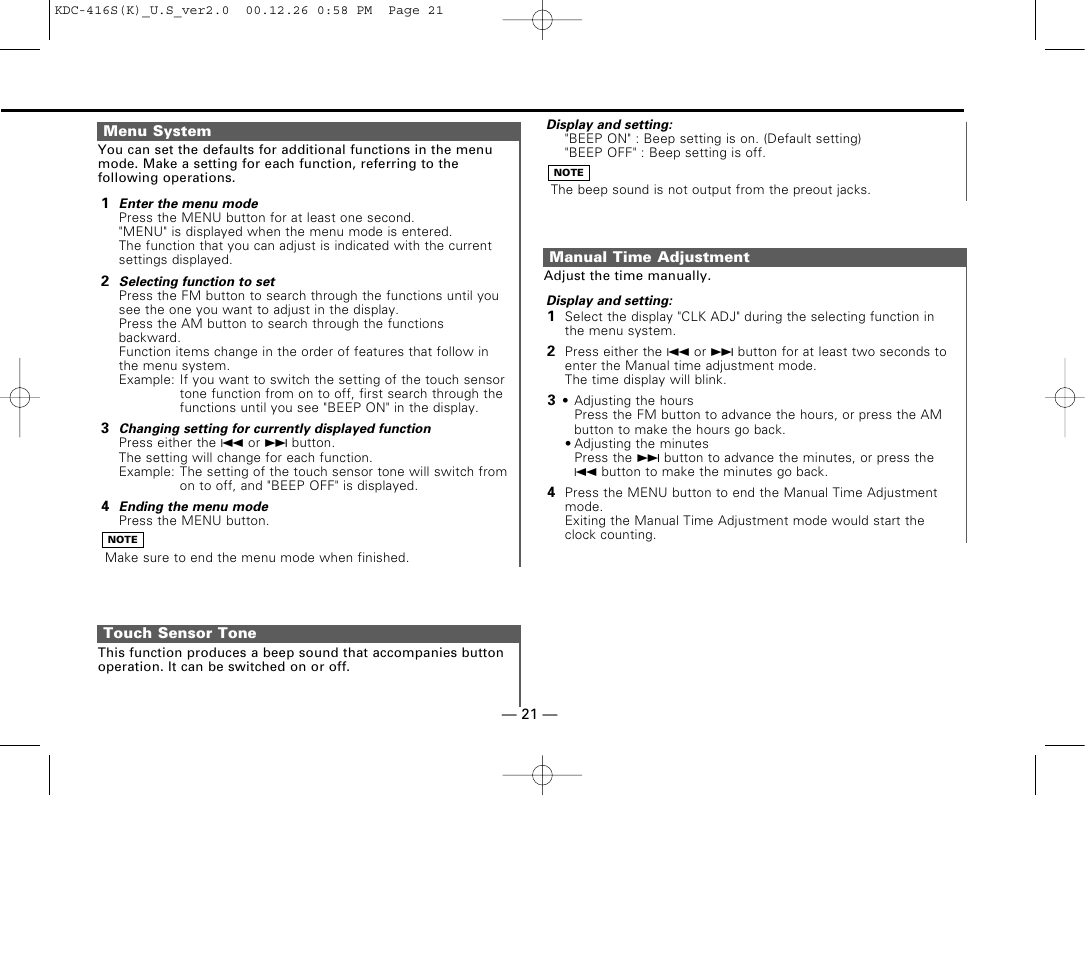 Menu system, Touch sensor tone, Manual time adjustment | Kenwood KDC-416S User Manual | Page 21 / 33