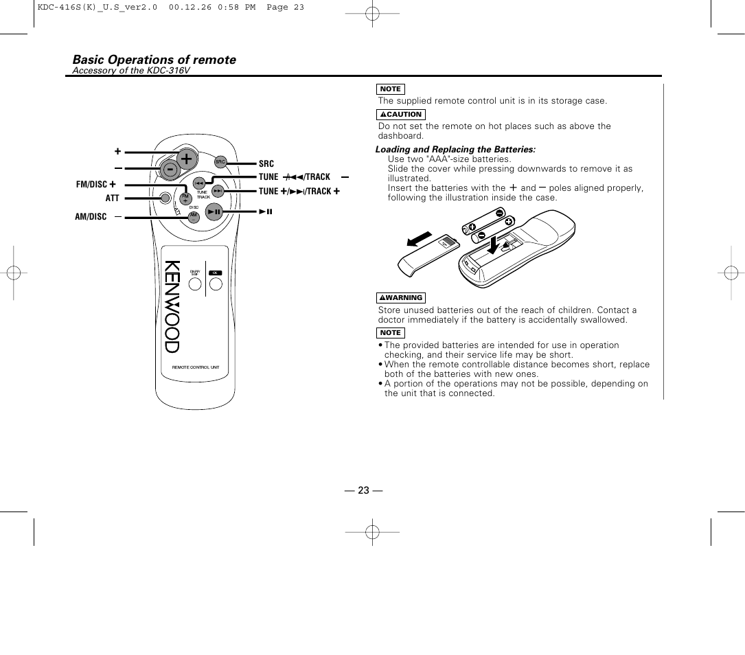 Basic operations of remote | Kenwood KDC-416S User Manual | Page 23 / 33