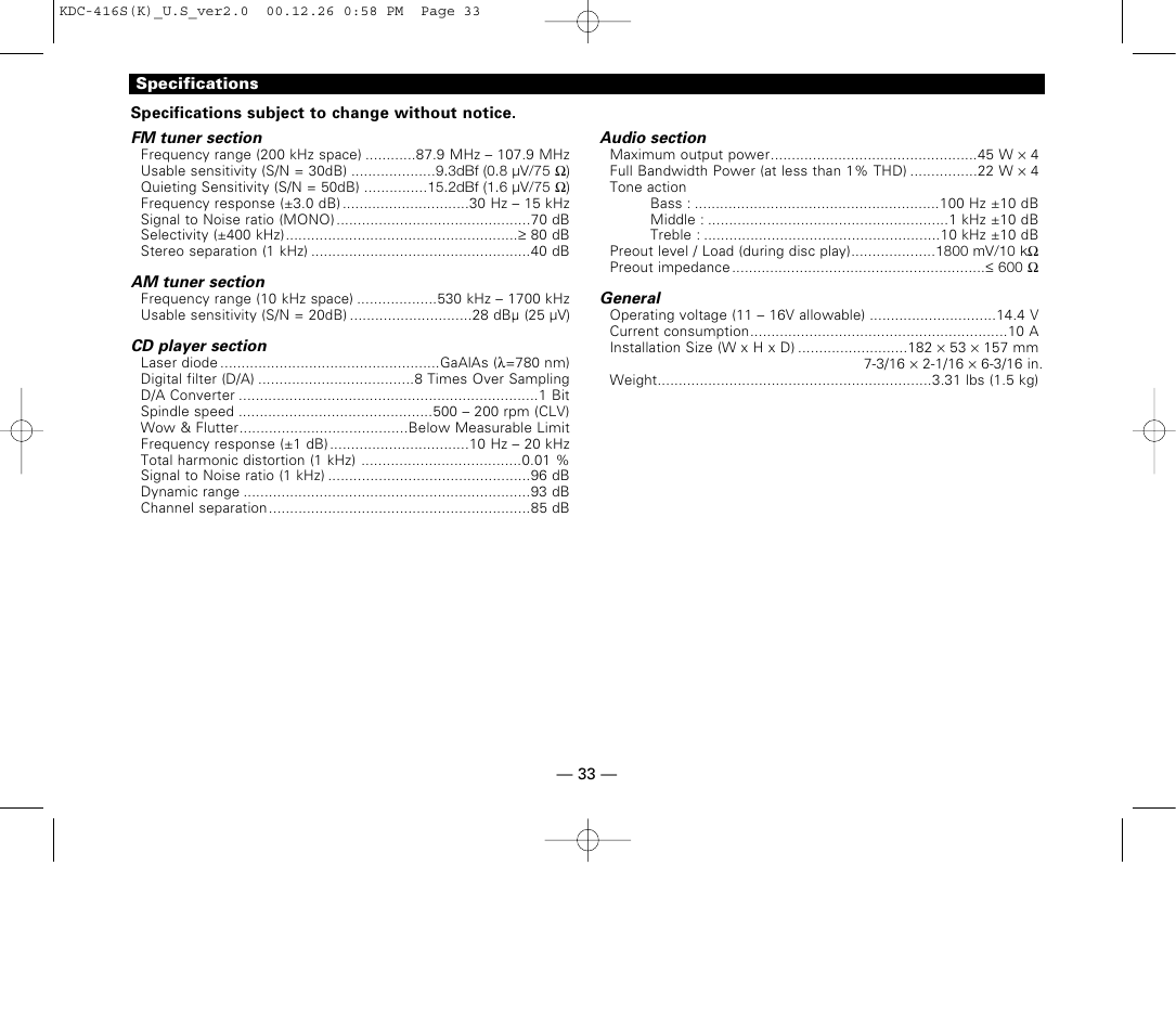 Specifications | Kenwood KDC-416S User Manual | Page 33 / 33