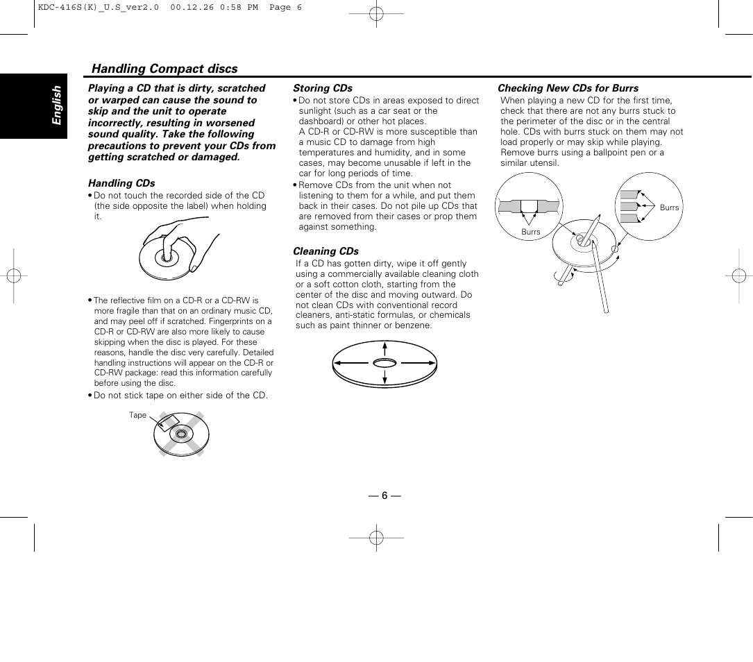 Handling compact discs | Kenwood KDC-416S User Manual | Page 6 / 33