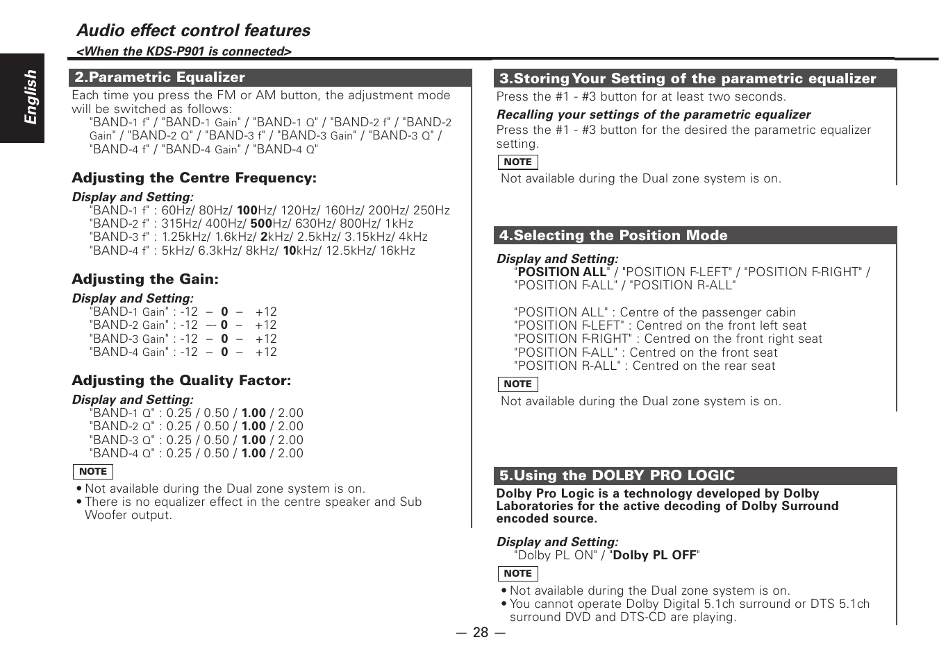 Audio effect control features, English | Kenwood Z920DVD User Manual | Page 28 / 76