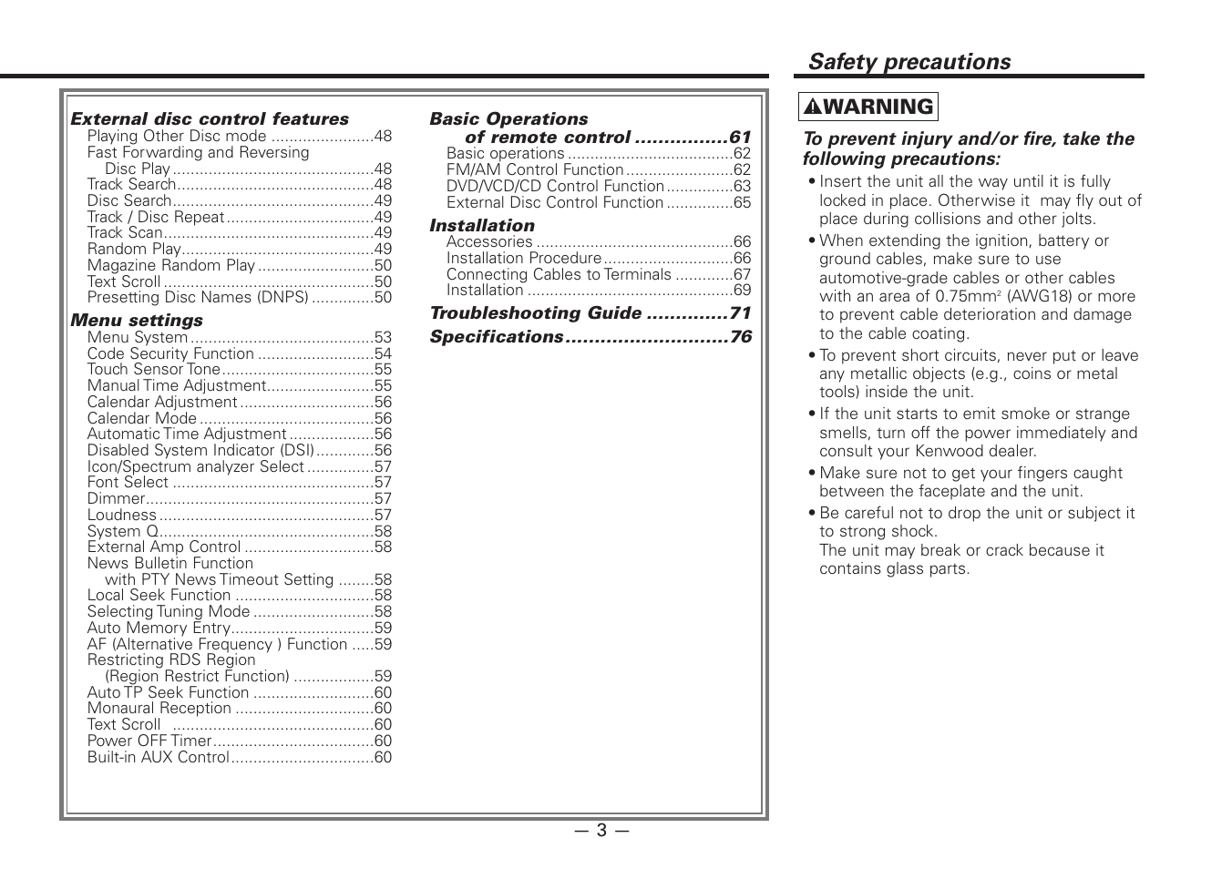 Safety precautions, 2 warning | Kenwood Z920DVD User Manual | Page 3 / 76