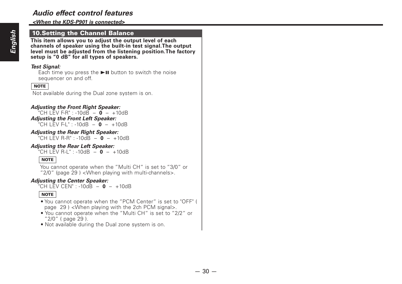 Audio effect control features, English | Kenwood Z920DVD User Manual | Page 30 / 76