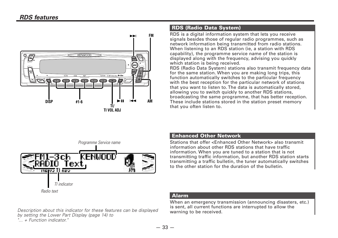 Rds features, Alarm, Enhanced other network | Rds (radio data system) | Kenwood Z920DVD User Manual | Page 33 / 76