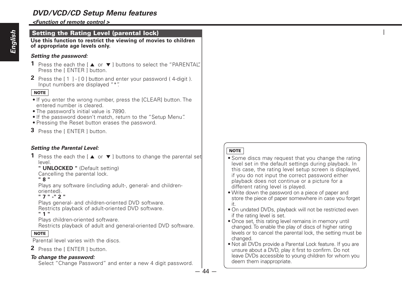 Dvd/vcd/cd setup menu features, English | Kenwood Z920DVD User Manual | Page 44 / 76