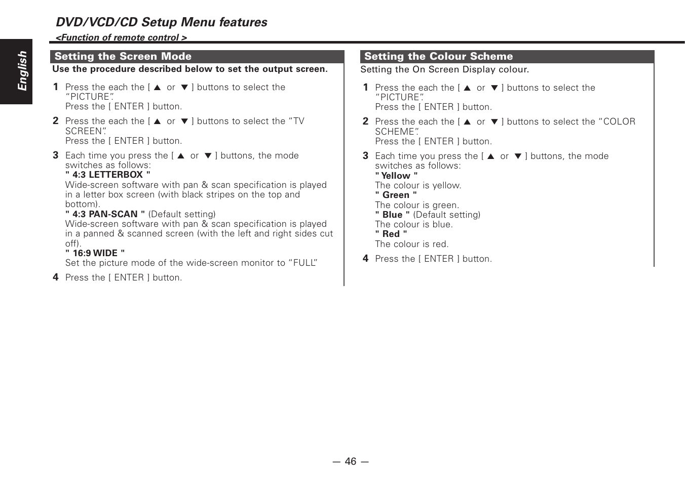 Dvd/vcd/cd setup menu features | Kenwood Z920DVD User Manual | Page 46 / 76